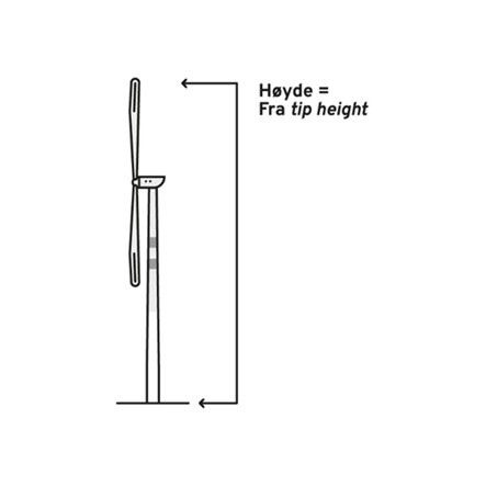 Illustrasjon av vindmølle med pil på toppen av vindmølleblad som viser "Høyde=Fra tip height".